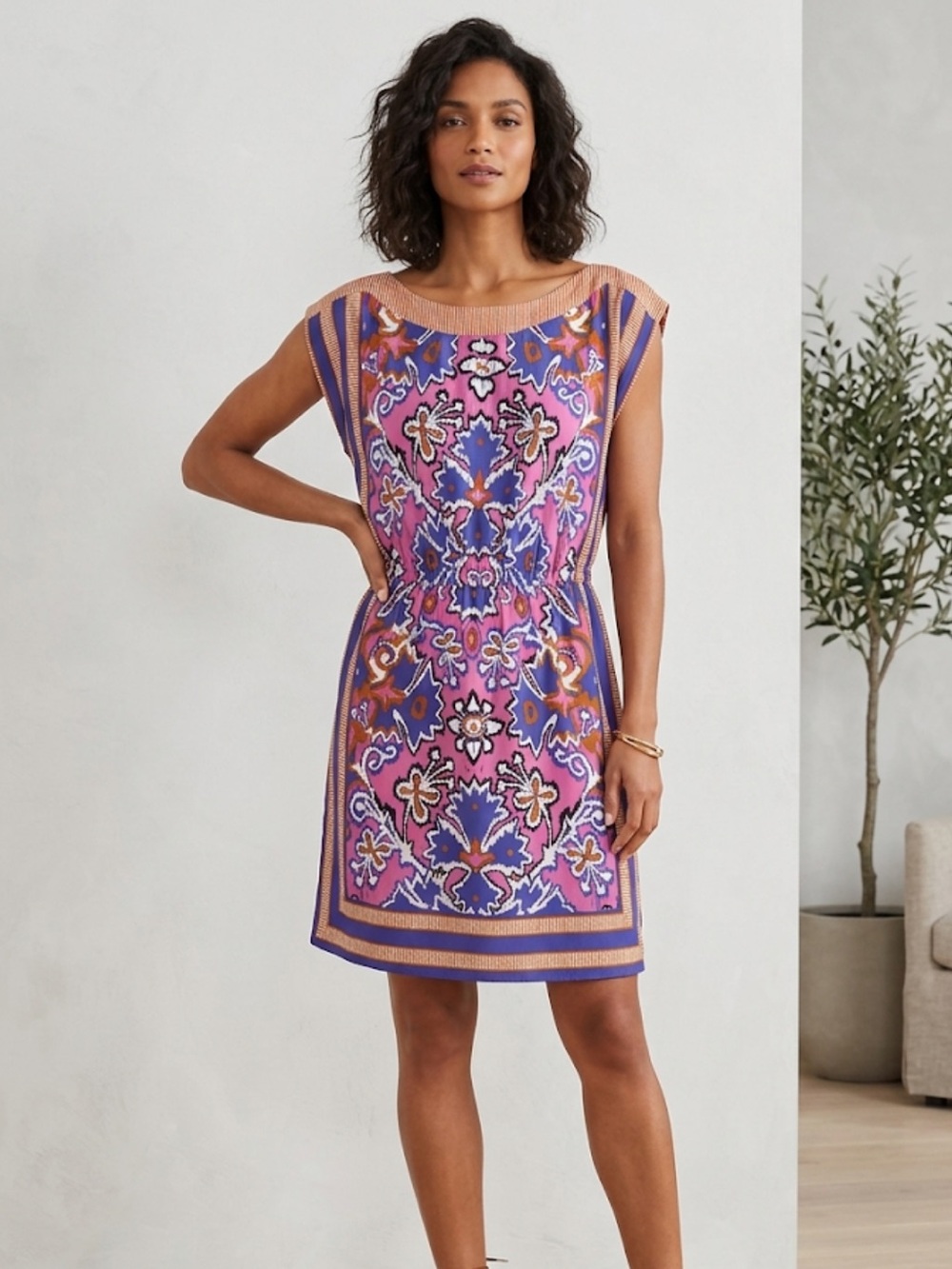 LOFT Pink and Purple Floral Mosaic Shift Dress